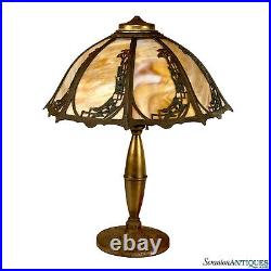 Antique Art Nouveau Caramel Slag Glass & Brass 8-Panel Table Lamp