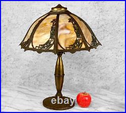 Antique Art Nouveau Caramel Slag Glass & Brass 8-Panel Table Lamp