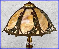 Antique Art Nouveau Caramel Slag Glass & Brass 8-Panel Table Lamp