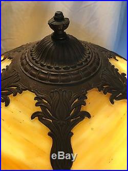 Antique Art Nouveau Caramel Slag Glass Filigree Metal Shade Table Lamp MILLER
