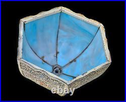 Antique Art Nouveau Cast Iron Blue Slag Glass Table Lamps A Pair