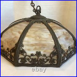 Antique Art Nouveau Cast Metal Slag Hanging Swag Lamp Shade Caramel Glass Panels