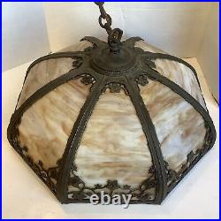 Antique Art Nouveau Cast Metal Slag Hanging Swag Lamp Shade Caramel Glass Panels