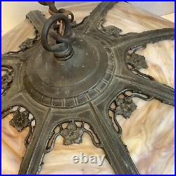 Antique Art Nouveau Cast Metal Slag Hanging Swag Lamp Shade Caramel Glass Panels