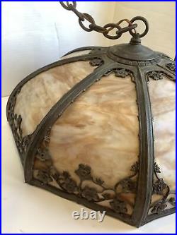 Antique Art Nouveau Cast Metal Slag Hanging Swag Lamp Shade Caramel Glass Panels