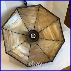 Antique Art Nouveau Cast Metal Slag Hanging Swag Lamp Shade Caramel Glass Panels