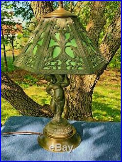 Antique Art Nouveau Cherub Lead Slag Stained Tiffany Glass Table Lamp RARE m17