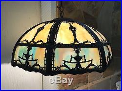 Antique Art Nouveau Colorful Slag Glass Chandelier Light Beautiful Arts Crafts