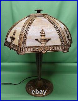 Antique Art Nouveau Deco Bronze & Slag Glass Table Lamp 6 Caramel Torch Panels