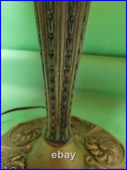 Antique Art Nouveau Deco Bronze & Slag Glass Table Lamp 6 Caramel Torch Panels