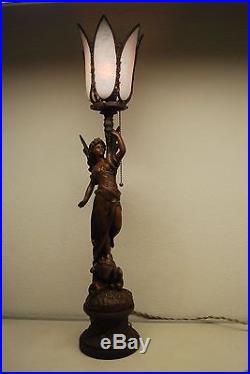 Antique Art Nouveau Deco French Austrian Bronze Gas Slag Glass Shade Erotic Lamp