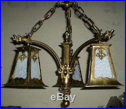 Antique Art Nouveau Dragon Slag Glass Brass Chandelier Light Lamp Fixture