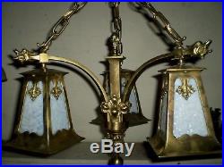 Antique Art Nouveau Dragon Slag Glass Brass Chandelier Light Lamp Fixture