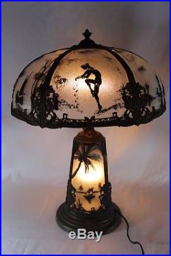 Antique Art Nouveau Lamp Reverse Paint Slag Glass 6 Panel Handel Pittsburgh Type