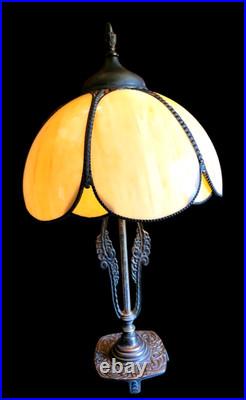 Antique Art Nouveau Lotus Shape Slag Glass Table Lamp 25.5 by14