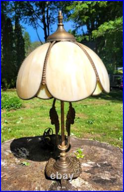 Antique Art Nouveau Lotus Shape Slag Glass Table Lamp 25.5 by14