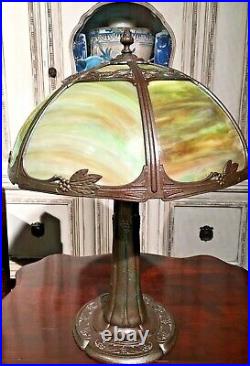 Antique Art Nouveau Miller Bent Green & Orange Slag Glass Lamp Marked