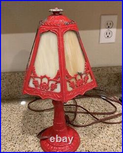 Antique Art Nouveau Ornate Cast Metal Boudoir Lamp With Caramel Slag Glass