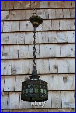 Antique Art Nouveau Ornate Slag Glass Round Shade Pendant Ceiling Light Fixture