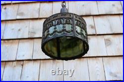 Antique Art Nouveau Ornate Slag Glass Round Shade Pendant Ceiling Light Fixture