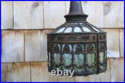 Antique Art Nouveau Ornate Slag Glass Round Shade Pendant Ceiling Light Fixture