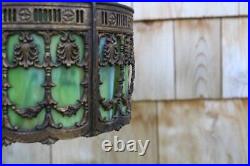 Antique Art Nouveau Ornate Slag Glass Round Shade Pendant Ceiling Light Fixture