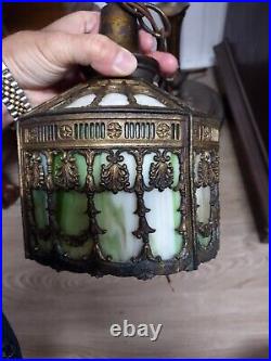 Antique Art Nouveau Ornate Slag Glass Round Shade Pendant Ceiling Light Fixture
