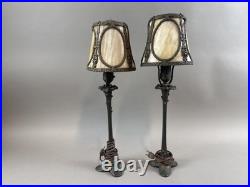 Antique Art Nouveau Pair Slag Glass Lamps Table Metal Boudoir Victorian
