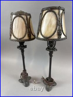 Antique Art Nouveau Pair Slag Glass Lamps Table Metal Boudoir Victorian
