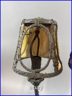 Antique Art Nouveau Pair Slag Glass Lamps Table Metal Boudoir Victorian