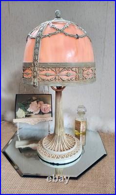 Antique Art Nouveau Peach Stained Slag Glass 14 Parlor Bedroom Lamp -Working