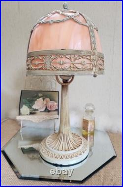 Antique Art Nouveau Peach Stained Slag Glass 14 Parlor Bedroom Lamp -Working