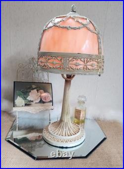 Antique Art Nouveau Peach Stained Slag Glass 14 Parlor Bedroom Lamp -Working