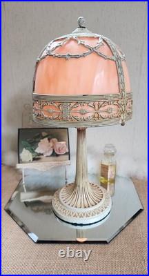 Antique Art Nouveau Peach Stained Slag Glass 14 Parlor Bedroom Lamp -Working