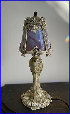 Antique Art Nouveau Purple Rounded Curved 4 Panel Slag Glass Painted Metal Lamp