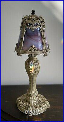 Antique Art Nouveau Purple Rounded Curved 4 Panel Slag Glass Painted Metal Lamp