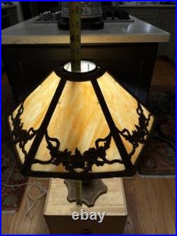 Antique Art Nouveau Salem Brothers Carmel Slag Glass Lamp 6 Panel 16.5 Shade
