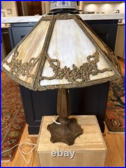 Antique Art Nouveau Salem Brothers Carmel Slag Glass Lamp 6 Panel 16.5 Shade
