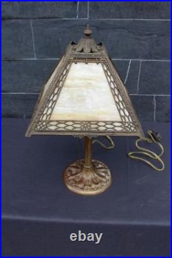Antique Art Nouveau Sign Miller 967 Table Lamp 4 Sides Slag Glass Shade