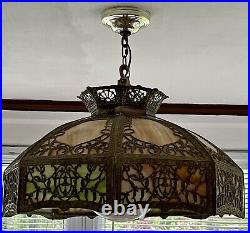 Antique Art Nouveau Slag Glass 16 Panel Brass Filigree Dome Light Shade Lamp