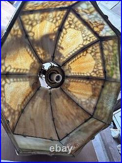 Antique Art Nouveau Slag Glass 16 Panel Brass Filigree Dome Light Shade Lamp