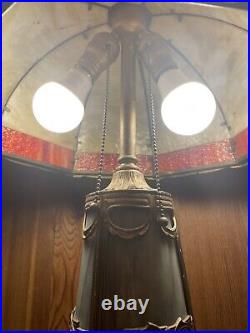 Antique Art Nouveau Slag Glass 8 Panel + Base Table Lamp Excellent Condition