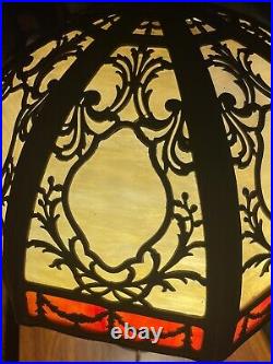 Antique Art Nouveau Slag Glass 8 Panel + Base Table Lamp Excellent Condition