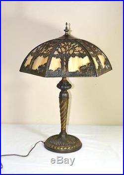 Antique Art Nouveau Slag Glass Lamp 6 Panel Trees & Buildings