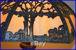 Antique Art Nouveau Slag Glass Lamp 6 Panel Trees & Buildings