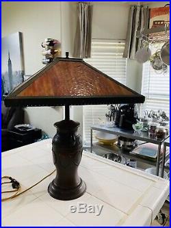 Antique Art Nouveau Slag Glass Lamp Beautiful Paprika Color With Metal Base