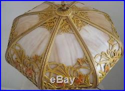 Antique Art Nouveau Slag Glass Lamp Daffodils Design 8 Banded Panels Ornate
