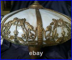 Antique Art Nouveau Slag Glass Lamp Marked Miller 8 Banded Panels Ornate Works