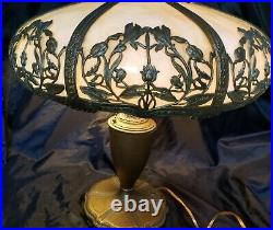 Antique Art Nouveau Slag Glass Lamp Marked Miller 8 Banded Panels Ornate Works