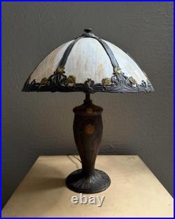 Antique Art Nouveau Slag Glass Lamp Matching Shade Floral Painted